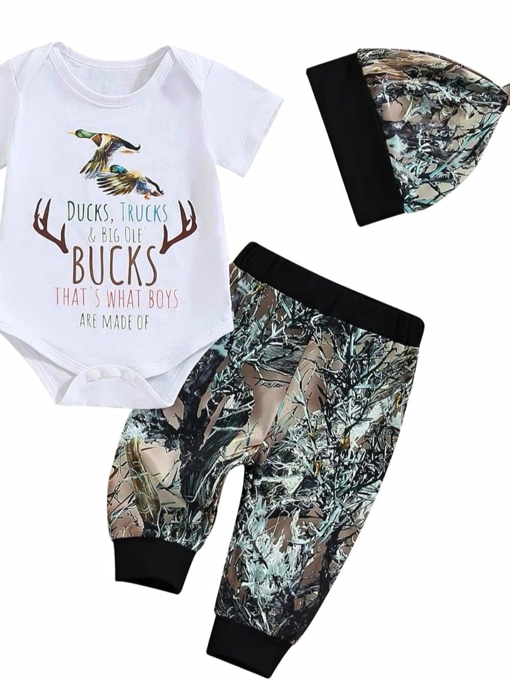 Baby Boys' Camo Pant, Hat & White Bodysuit Set - Green Camo 6-8 Month